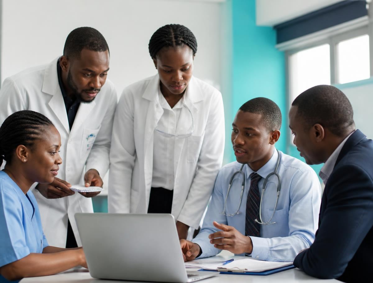 A multidisciplinary group of Nigerian healthcare professionals, including a nurse, pharmacist, laboratory scientist, physician and administrator, working through implementation material.