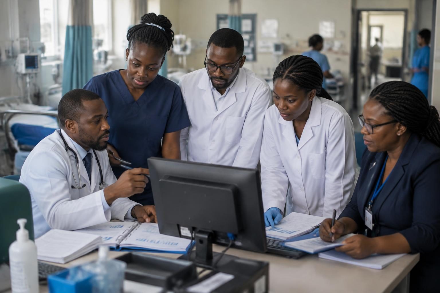 A multidisciplinary Nigerian healthcare team reviewing quality improvement priorities together around a table.