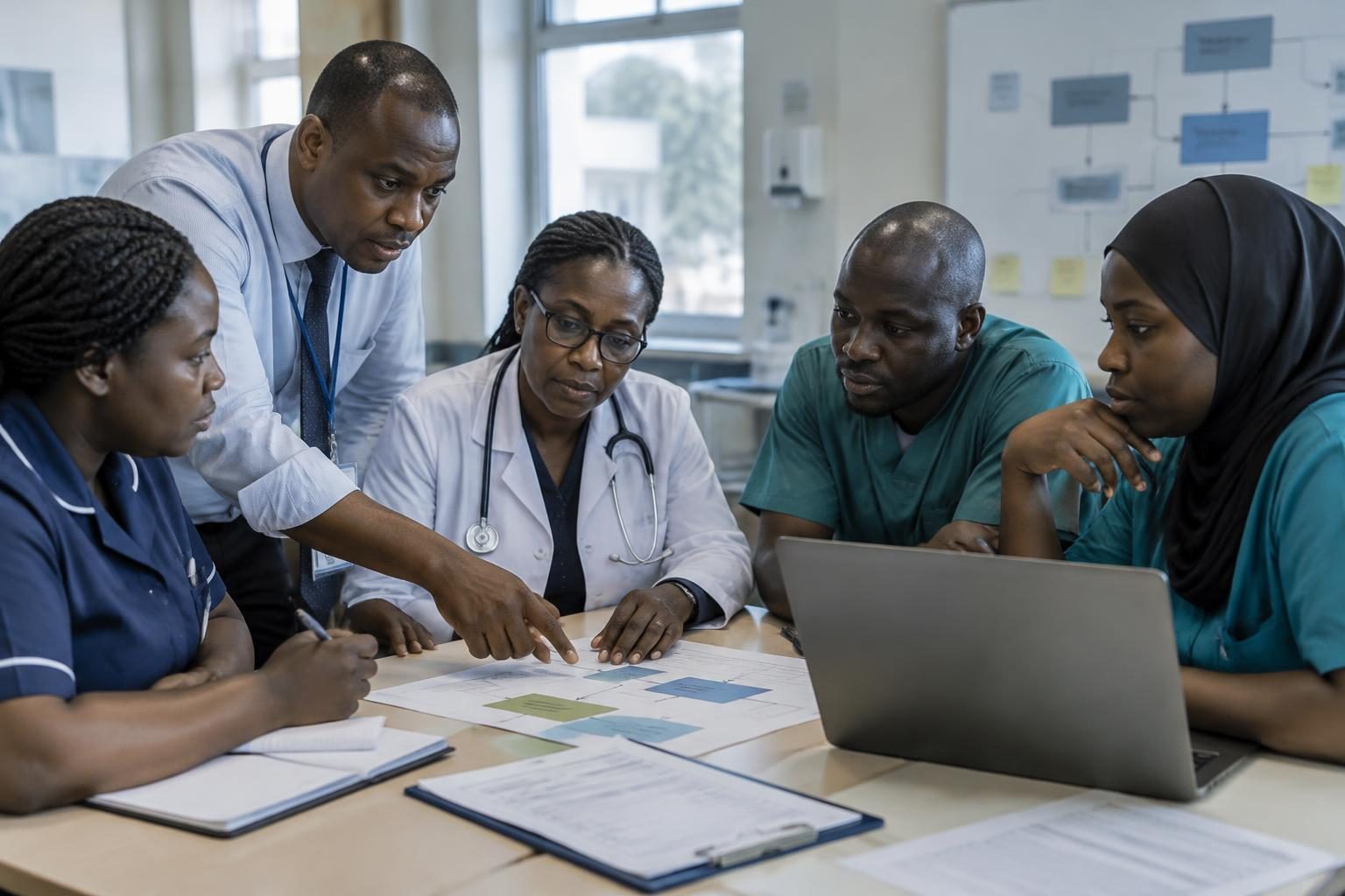 A Nigerian hospital quality team planning implementation using clinical and operational information.
