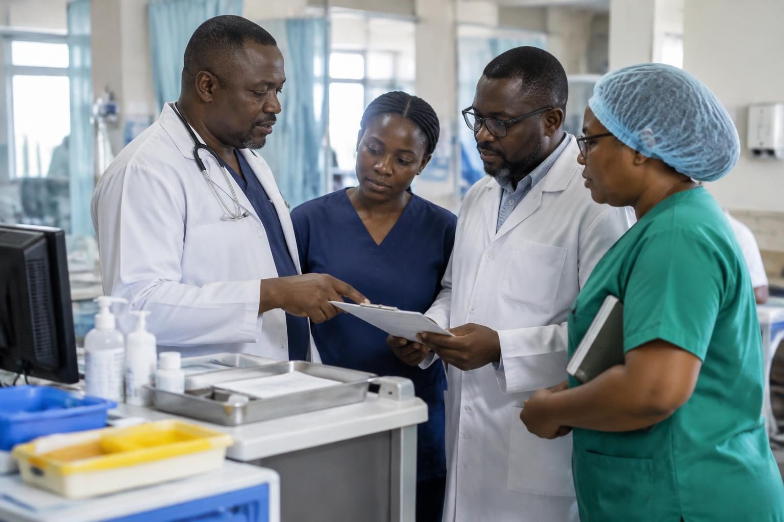Nigerian clinicians reviewing patient safety and quality information in a contemporary hospital setting.