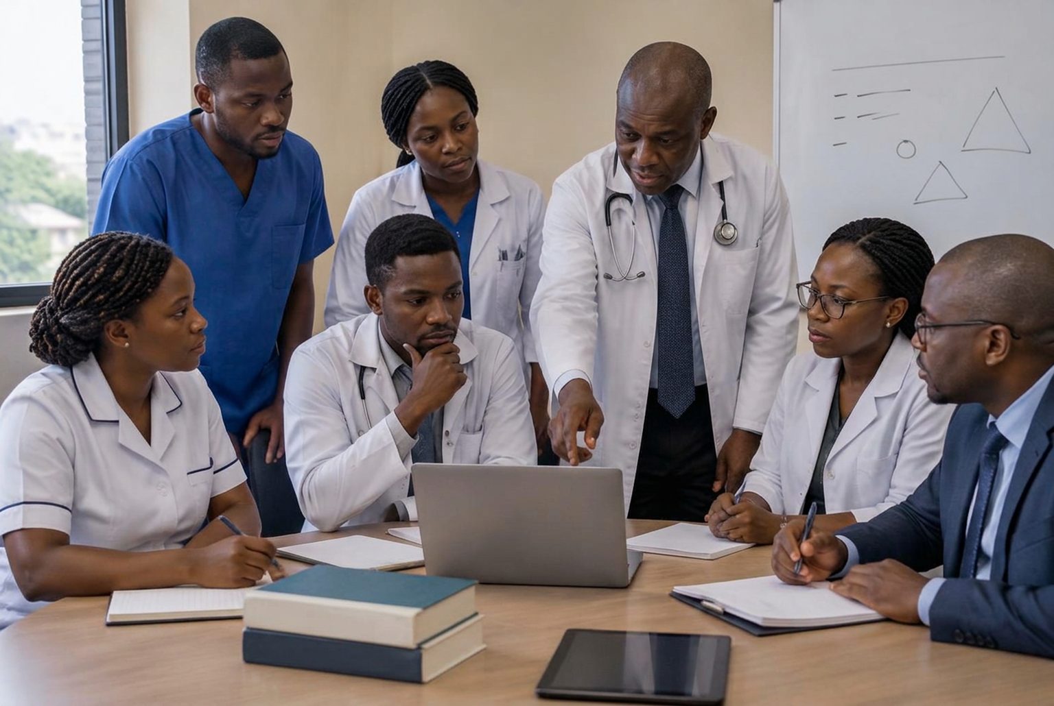 A mixed group of Nigerian nurses, physicians and health administrators learning together around a laptop.